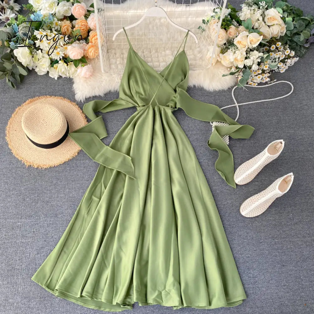 Ingvn - Boho Slim V Neck Summer bandage backless Maxi Long Dress Women Casual spaghetti strap Party Beach Holiday elegant tunic dress