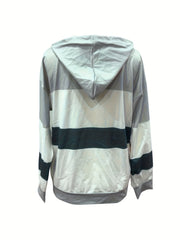 Long Sleeve Striped Drop Shoulder Hoodie - Soft Micro Elastic Polyester Fabric, Button Details, Machine Washable, Casual Style for Fall/Winter - Womens Clothing