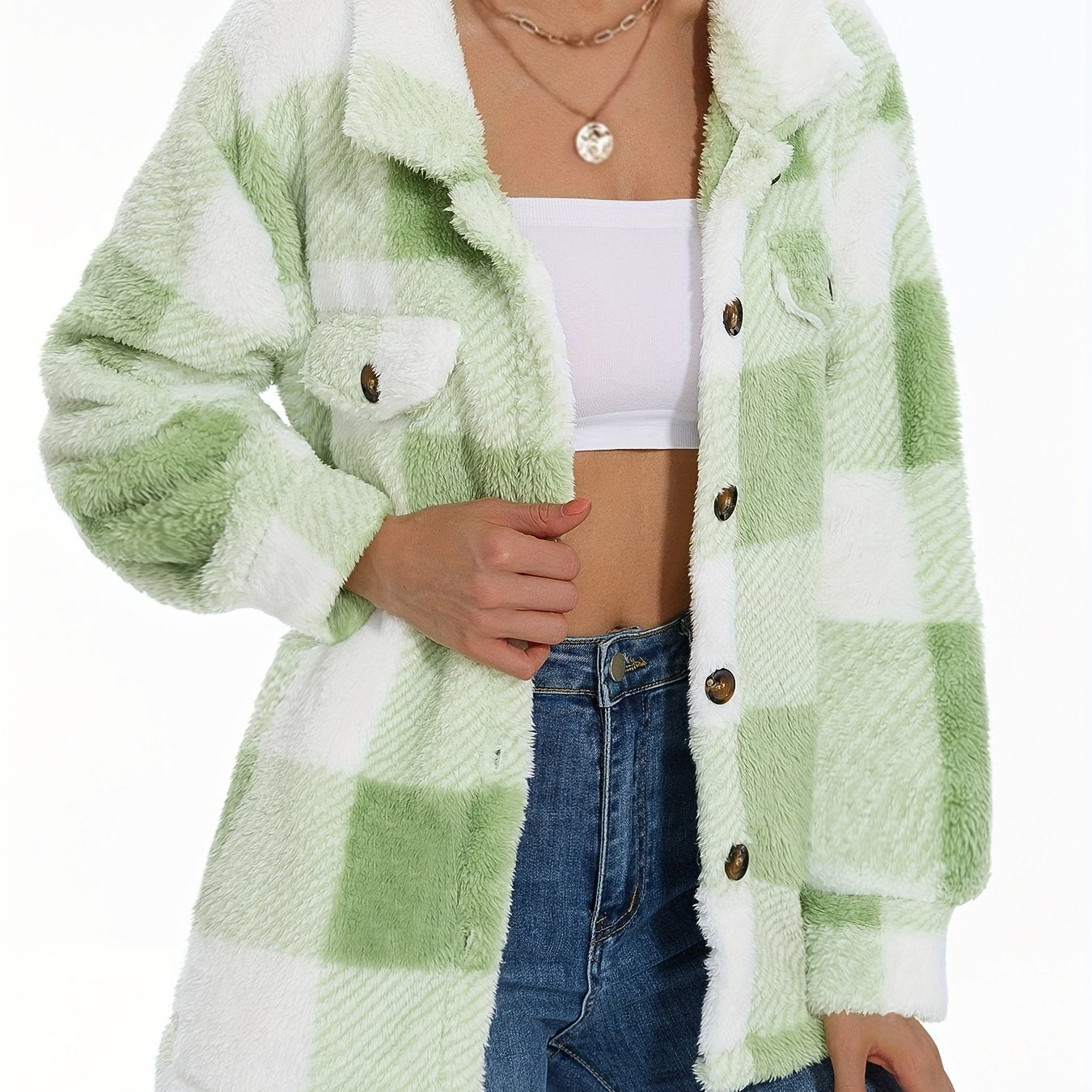 Stylish Plaid Teddy Coat - Women's Casual Jackets with Long Sleeves, Thermal Insulation, and Versatile Button Front Design for Winter Outwear - Soft, Warm, and Cozy