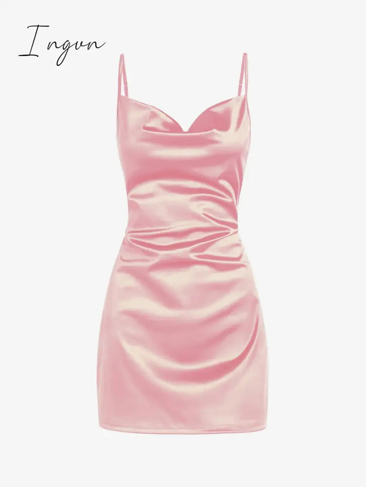 Ingvn - Women's Sexy Satin Dress Spaghetti Strap Slips Nightwear Side Slit Cocktail Party Silk Mini Dresses