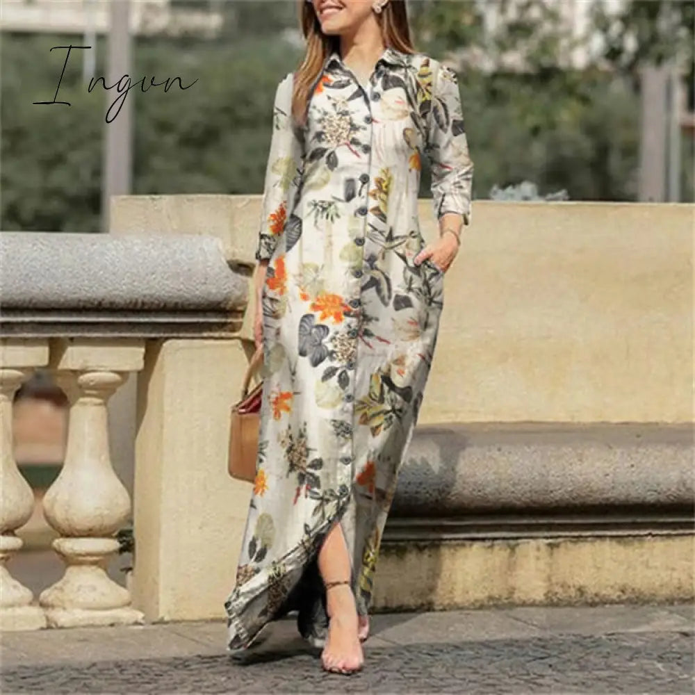 Ingvn - Fall Outfits Autumn Vintage Floral Printed Cotton Dress Women Casual Lapel Collar Button Up Dresses Bohemian Vestidos Long Robe