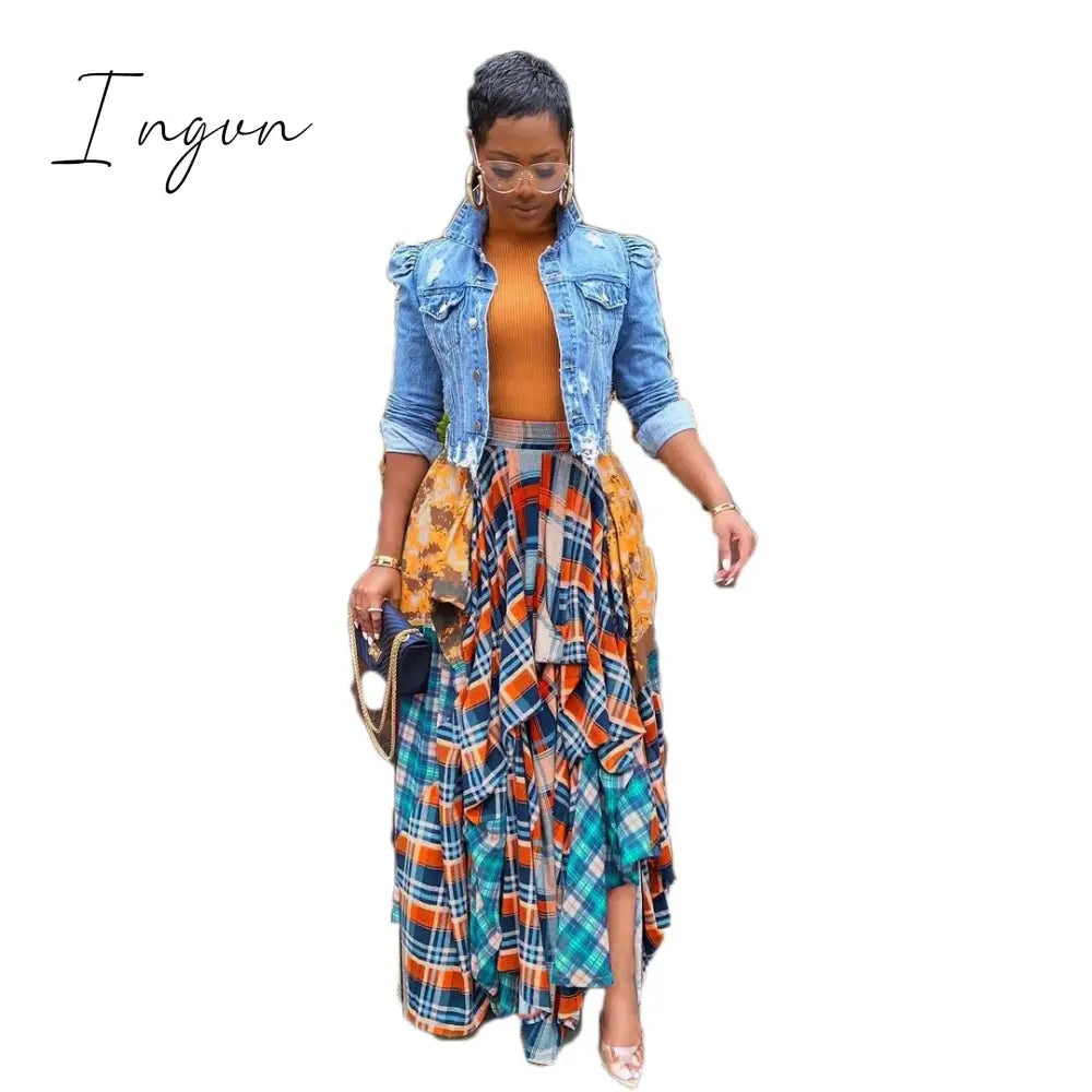 Ingvn - Womens Fashion Ladies Fashion Stitching Printed Plaid Young Fashion Casual Bohemian Super Loose Multicolor Skirt