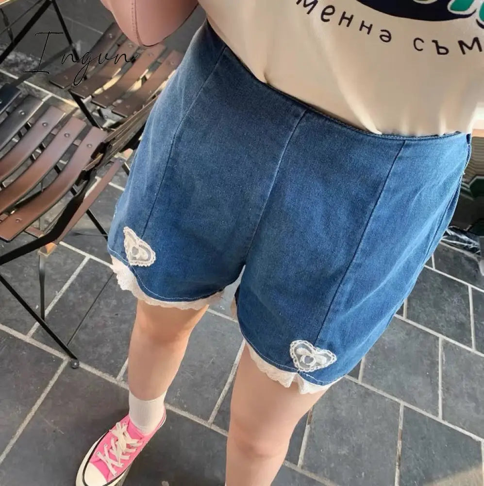 Ingvn - Summer Outfits Trends Cute Lolita Girls Denim Shorts Japanese Sweet High Waist Lace Irregular Women's Shorts S-4XL Summer Kawaii Sexy Blue Shorts
