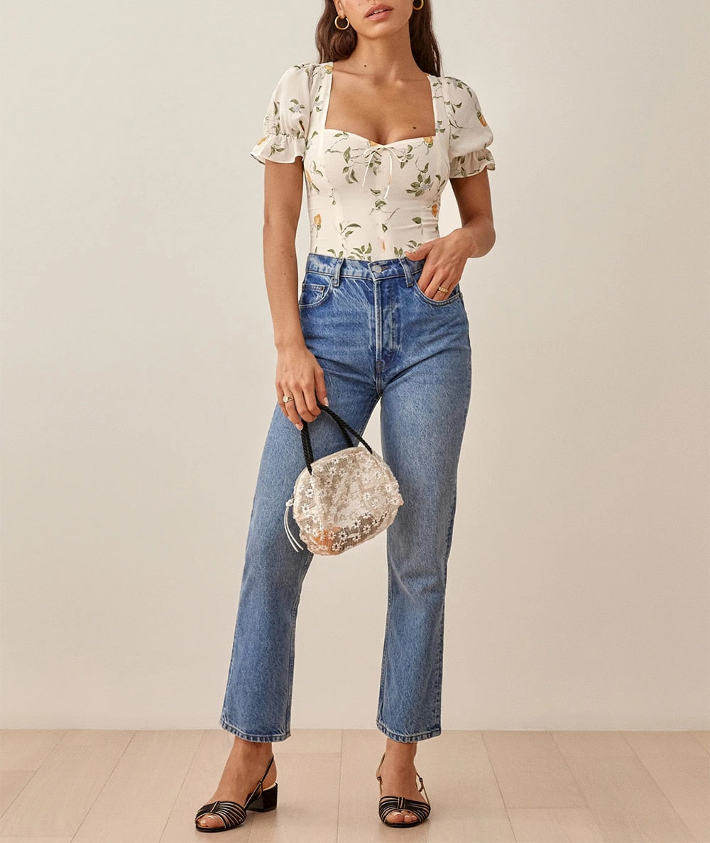 Summer Tops For Women Sweetheart Neck Tie Bow Fruit Print Blouses Back Smocked Short Puff Sleeve Elegant Chiffon Blouse