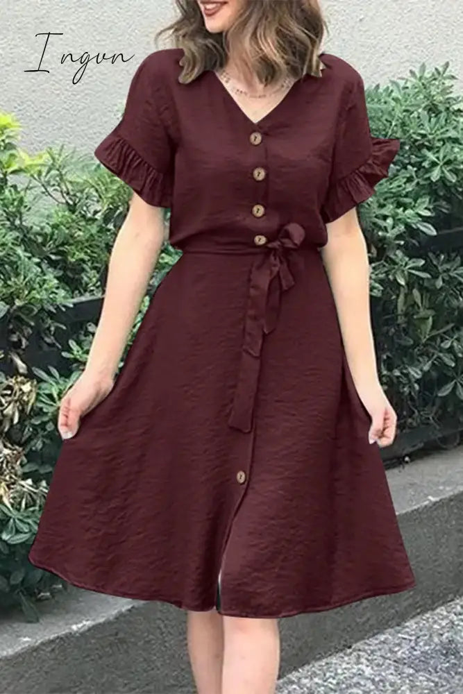 Ingvn - Casual Simplicity Solid Frenulum Buckle Flounce V Neck A Line Dresses