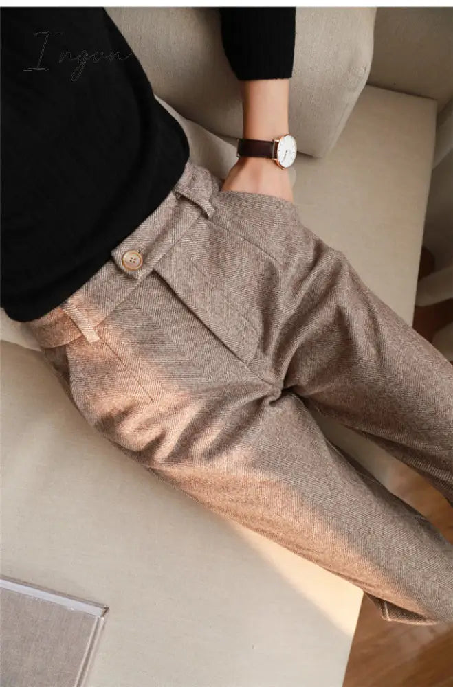 Ingvn - Herringbone Woolen Pants Women's Harem Pencil Pants Autumn Winter High Waisted Casual Suit Pants Office Lady Women Trousers