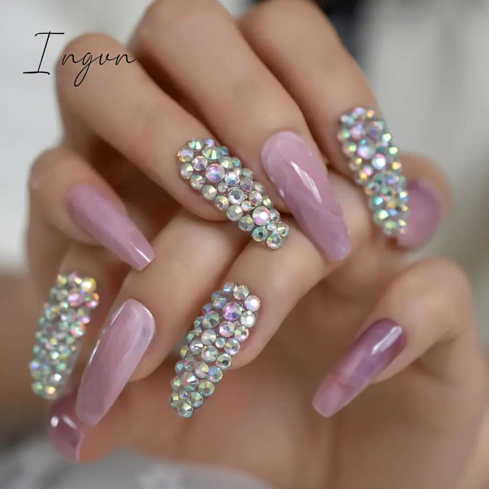 Extra Long Stiletto Press on False Nails Full Cover 3D Rhinestone Fake Nails Manicure Nail Art Tips Set for Wedding Party