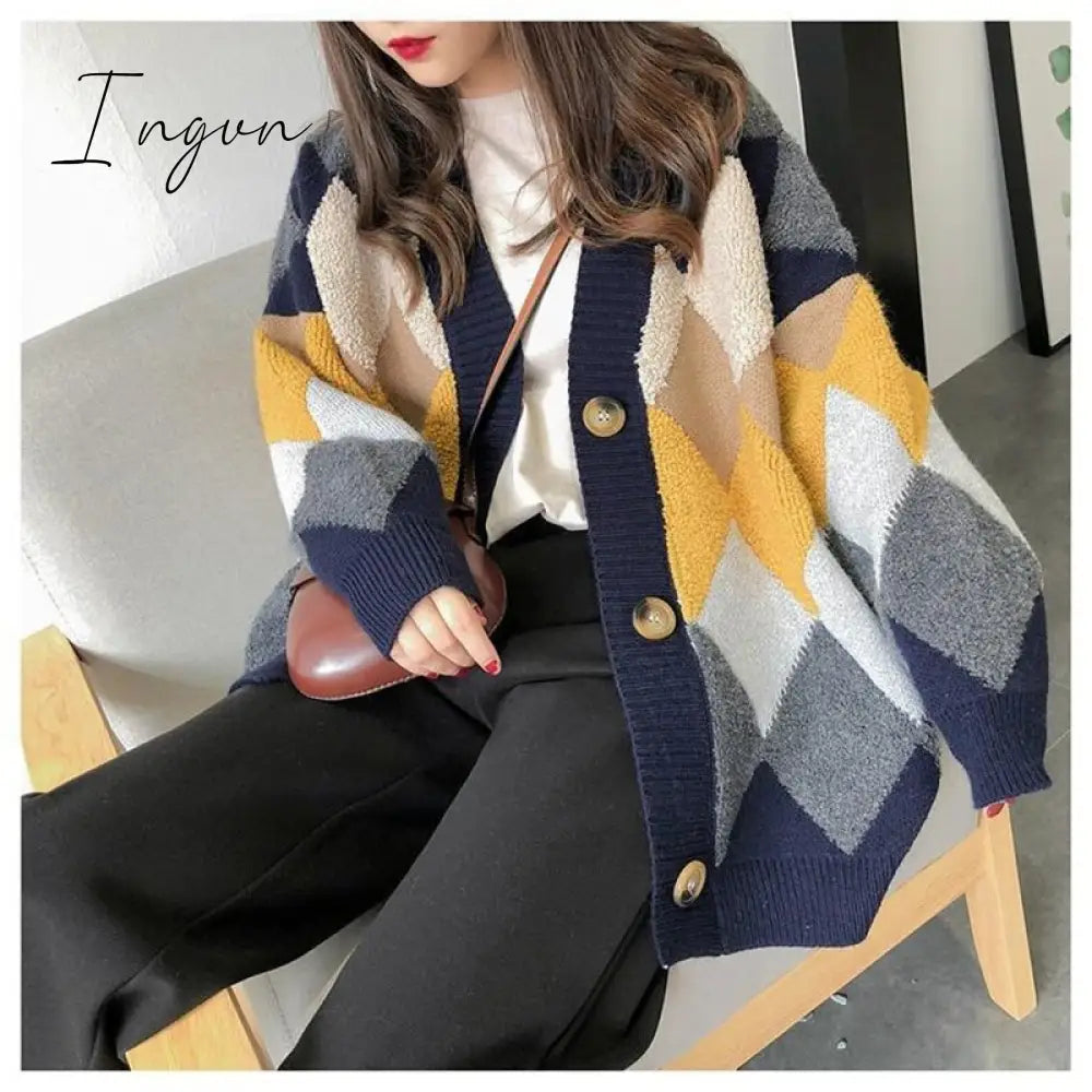 Ingvn - Womens Fashion Spring Winter Women's Plaid Plus Velvet Warm Knitted Sweaters Cardigans Long Sleeve Checkered Coat Oversize Sweater Jackets
