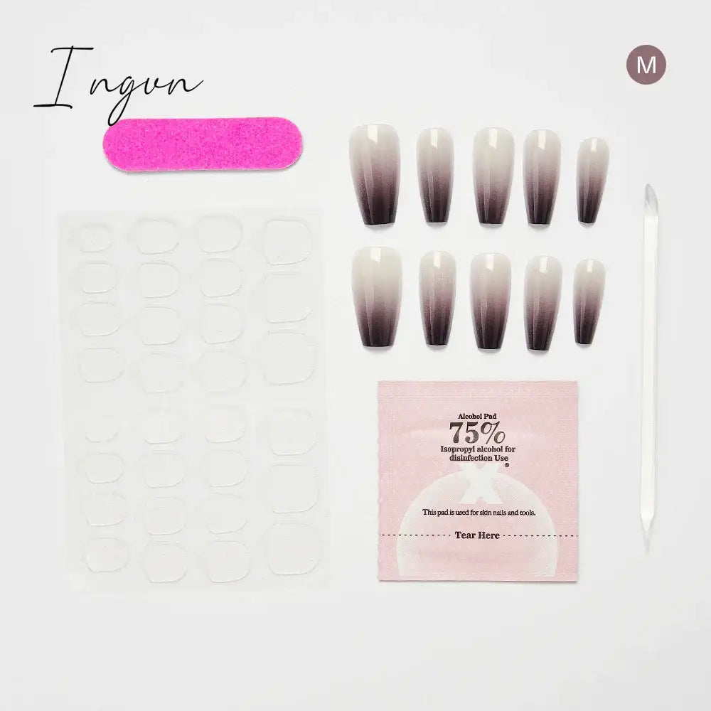 10PCS Chinese Style Fake Nails with Glue Sfumato Ink Long Nails Set Press on Acrylic Stick on False Nails Art