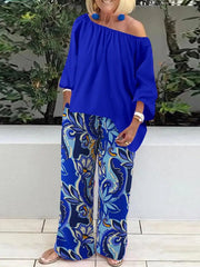 Ingvn - Pants Sets Fashion One Shoulder 3/4 Sleeve Tops Floral Print Wide Leg Trouser Women Two Piece Sets Casual Loose Suit