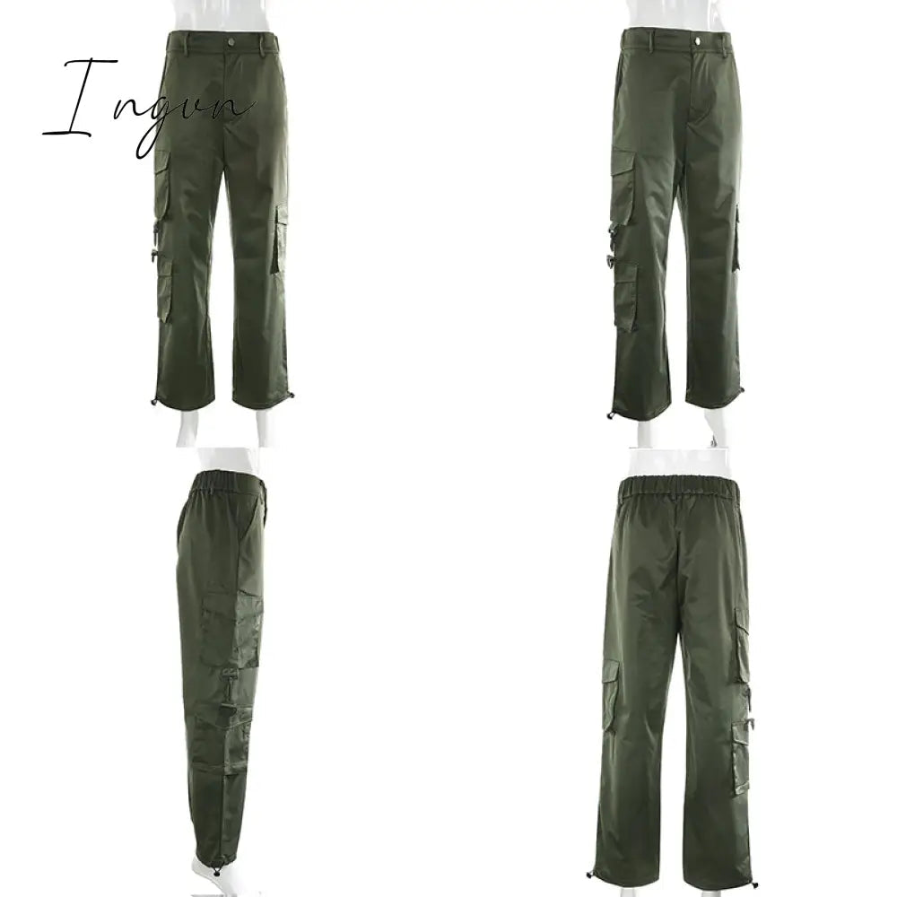 Ingvn - Button Pockets Patchwork Cargo Pants Women Streetwear High Waist Trousers Women Fashion Pencil Pants Joggers Women