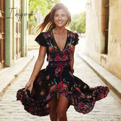 Ingvn - 2023 New Women Summer Boho Beach Maxi Dress Sexy V Neck Vintage Print Long Dresses Casual Sundress Dress