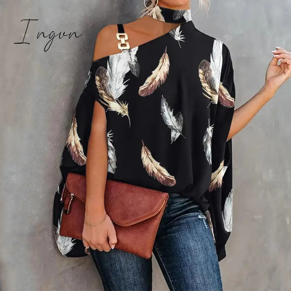 Ingvn - Women Metal Halter Hollow Out Print Top Patchwork Short Sleeve Loose Summer Blouse Femme Fashion Pullovers Casual Youth New