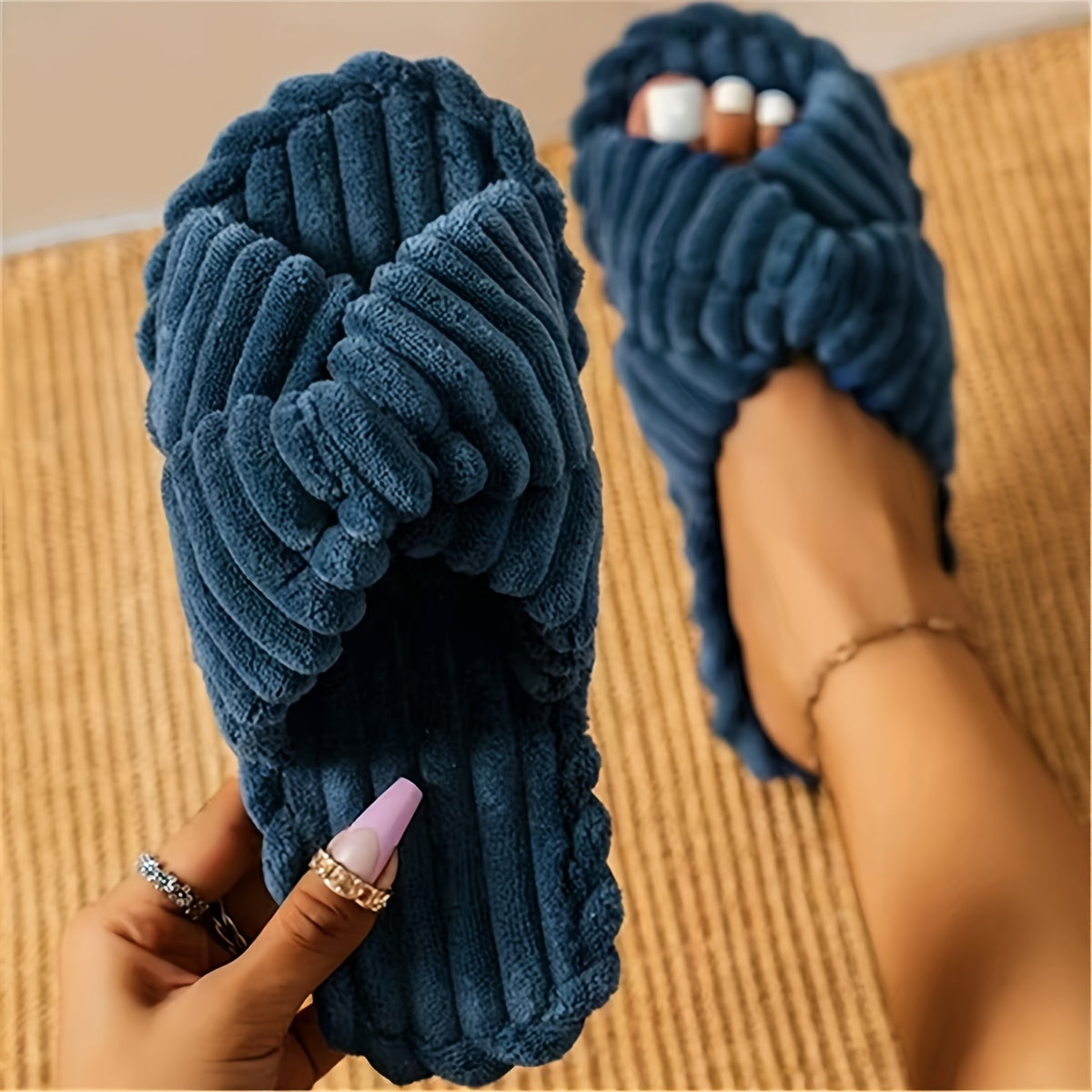 Womens Trendy Solid Color Open Toe Slippers - Ultra-Soft Cross Strap Design - Ideal for Cozy Home Lounging