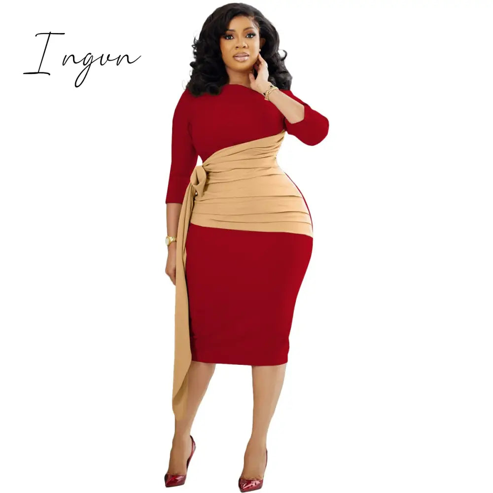 Ingvn - Autumn Fashion Elegant Colorblock Lace-Up Dress Women Office Ladies OL Colorblock Slim Dress Women