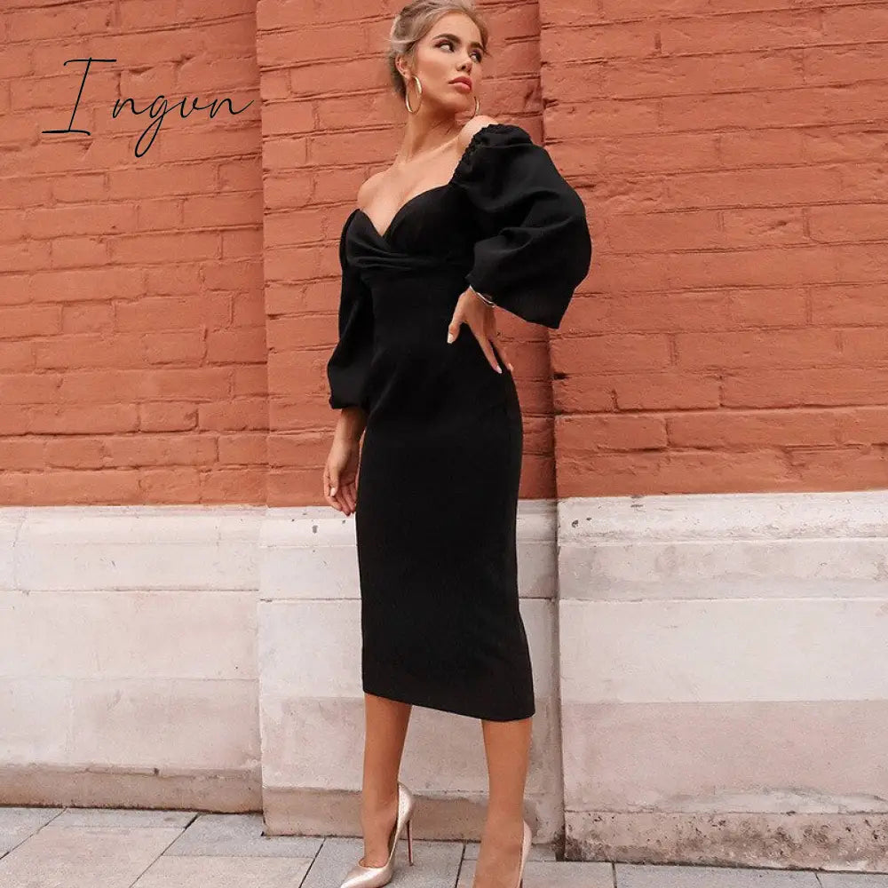 Ingvn - Midi Night Dress Women Long Puff Sleeve A-LINE Ruffled Backless Bodycon Sexy Dress Autumn Winter Elegant Office Lady Prom