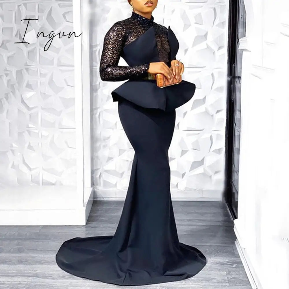 Ingvn - elegant floor length long evening party dress women sexy lace sheer long sleeve plus size tunic peplum maxi dresses new year