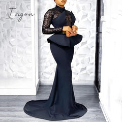 Ingvn - elegant floor length long evening party dress women sexy lace sheer long sleeve plus size tunic peplum maxi dresses new year