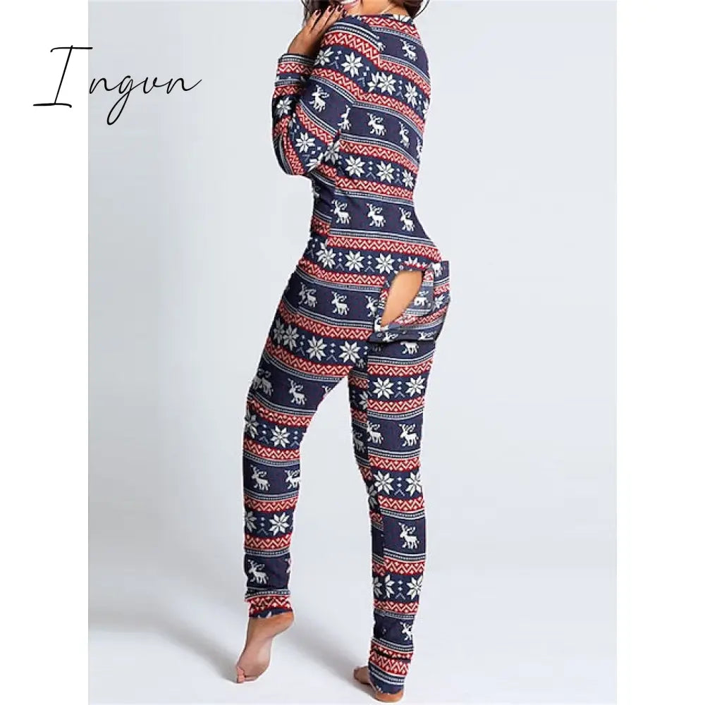 Ingvn - Women's Pajamas Jumpsuit Elk Snowflake Casual Comfort Soft Home Christmas Daily Polyester Breathable V Wire Long Sleeve Hole Fall Winter White Red