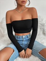 Sexy Women's Off Shoulder Long Sleeve Crop Top, Bodycon Fit Solid T-shirt, Y2K Style