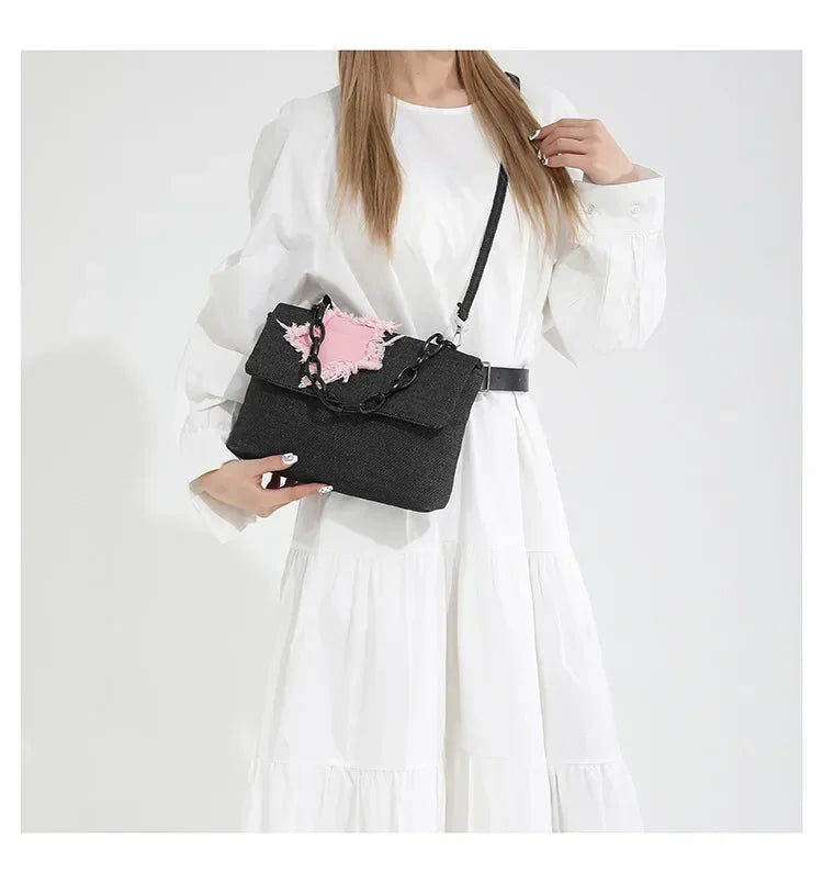 Ingvn  Sweet Pink Star Women's Denim Shoulder Bag Chain Handle Ladies Clutch Crossbody Bags Simple Hot Girls Square Tote Purse Handbags