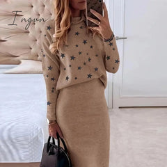 Ingvn - Women Skirts 2 Piece Set Autumn Winter Elegant Stars Print Turtleneck Sweatshirts and Slim Skirt Suits Office Lady Outfits