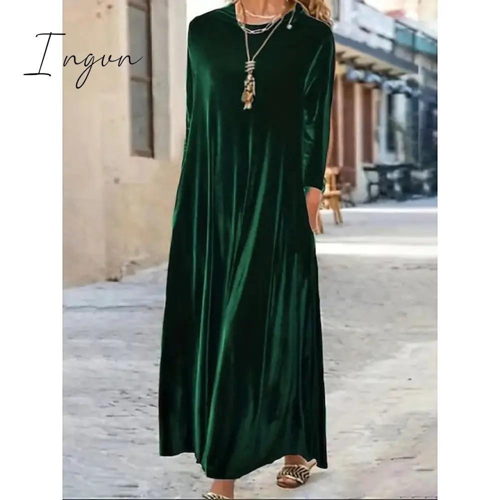 Ingvn - Women‘s Velvet Dress Shift Dress Caftan Dress Long Dress Maxi Dress Green Black Purple Long Sleeve Pure Color Pocket Winter Fall Spring Crew Neck Mature Winter Dress Daily Vacation 2023