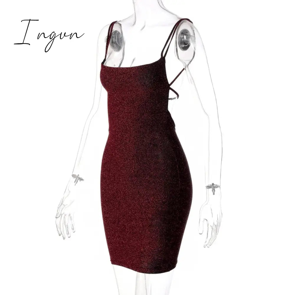 Ingvn - Bling Glitter Sequin Women Strap Mini Dress Ruched Lace Up Backless Bodycon Sexy Party Club Autumn Winter Elegant