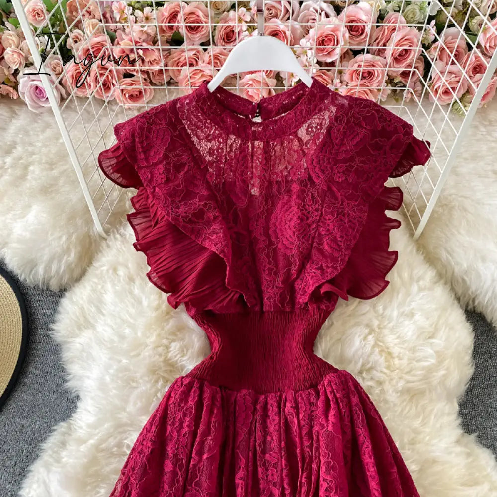 Ingvn - Vintage Purple/Green/Red Lace Midi Dress Women Sweet Round Neck Ruffle Vestidos Female High Waist Slim Robe Spring Autumn