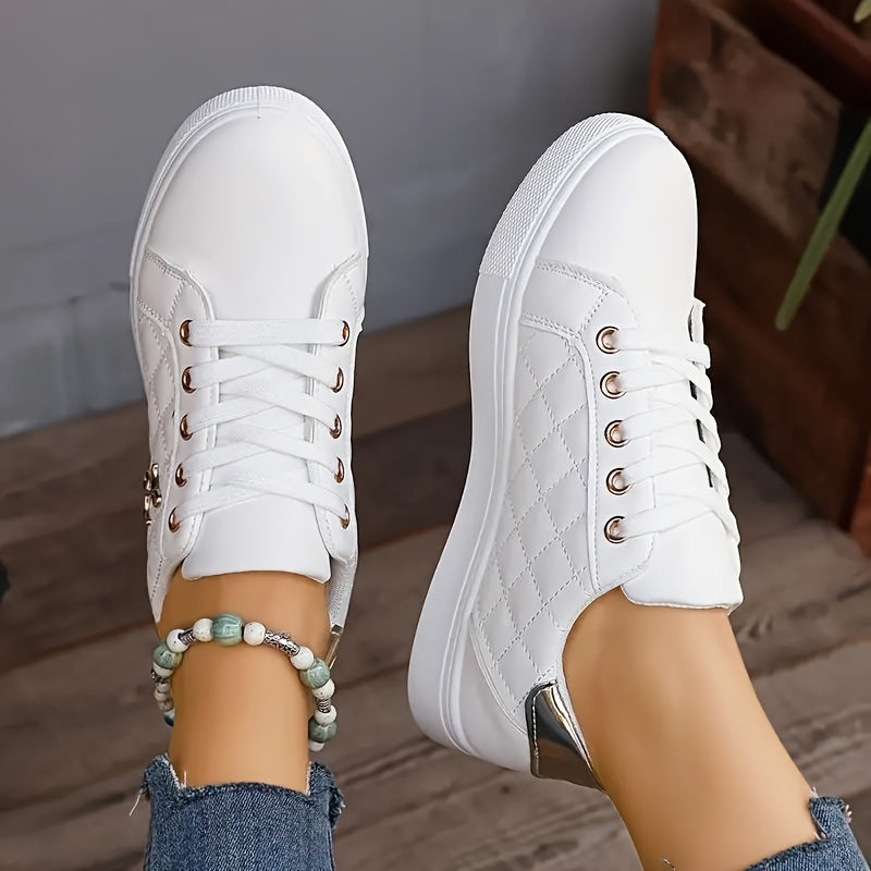 Women's Solid Color Casual Sneakers, Lace Up Platform Soft Sole Quilted Skate Shoes, Low-top Comfort White Shoes