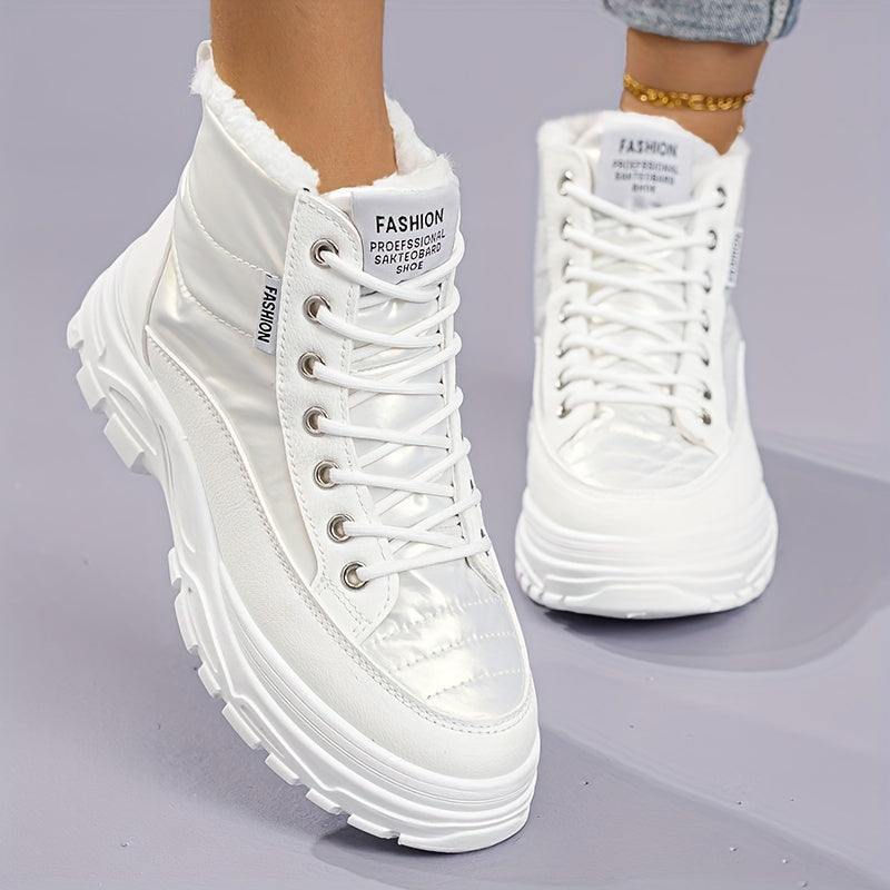 Women'S Winter Thickened Snow Boots High Top Platform Ankle Boots with Warm Fleece Lining, Solid Color, Round Toe, Low Heel, Fabric Insole, Polyurethane PU, Rubber Sole, Hand Washable