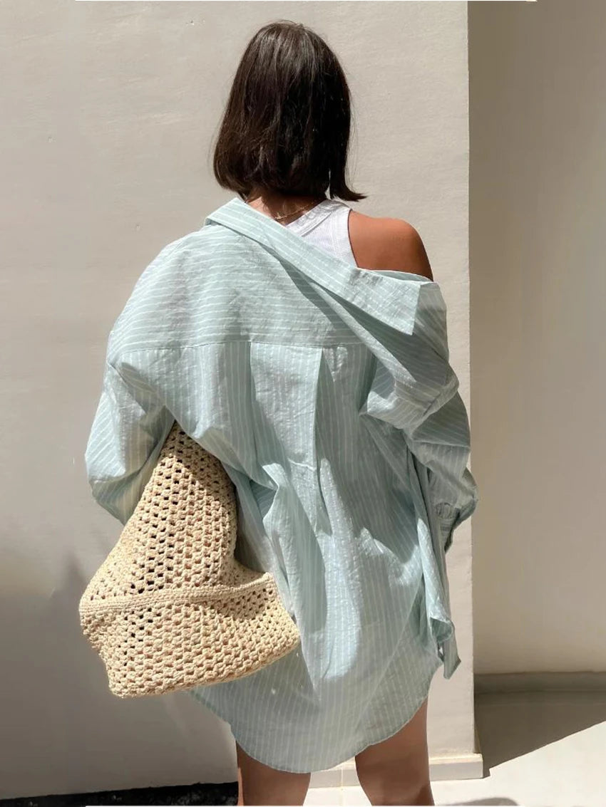 Ingvn  Chic Striped Women Shirt Loose 100% Cotton Shirts Tops Ladies Casual Lapel Oversized Lace Up Blouse Women Tops Blouse