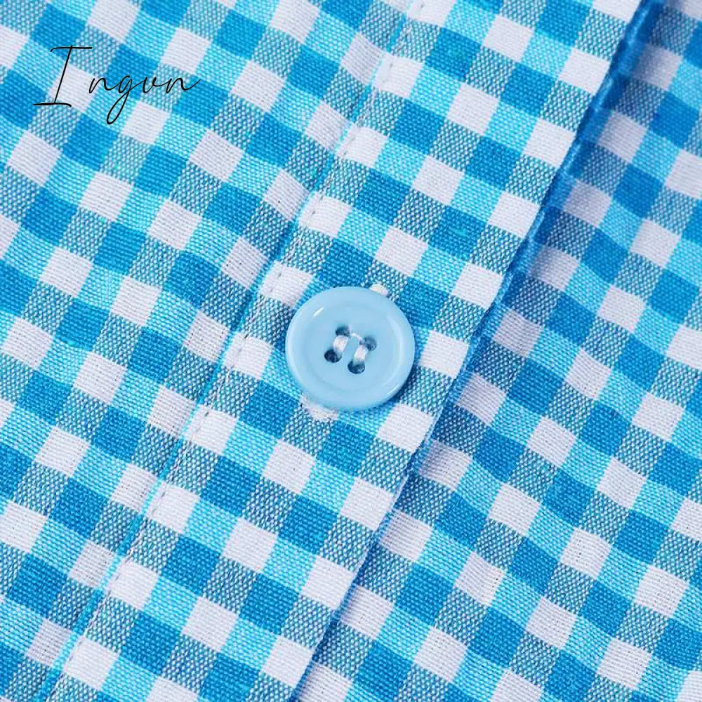 Ingvn - Spring Shirt Dress Women Long Sleeve Party Dresses Casual Lapel Button Vintage Belted Pockets Sundress Plaid Printed Robes
