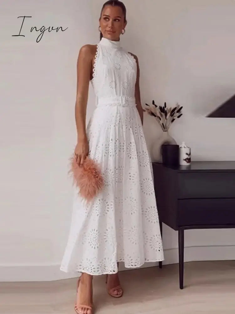 Ingvn - Hollow Out White Belt Sleeveless Long Dress X-shaped High Waist Half High Collar Dress Elegant Fashion Female Lace Midi Dresses