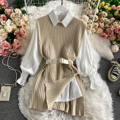 Ingvn - spring autumn women's lantern sleeve shirt knitted vest two piece sets of College style waistband vest two sets top UK900