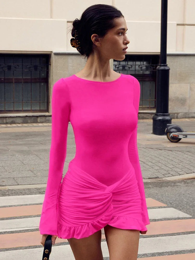 Ruffled Twist Skinny MIni Dress Women's Long Sleeve Patchwork High Waist Sexy Fashion Party Dress Female Y2k Bodycon Dress