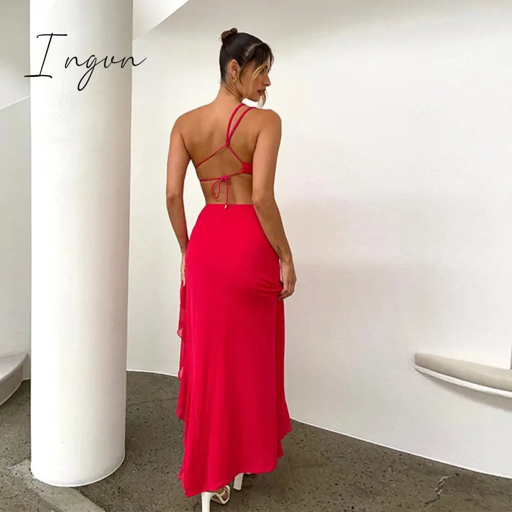 Ingvn - Irregular Sexy Cut Out Backless Ruffles Party Dresses Elegant Birthday Split Maxi Dresses for Women Party Clubwear