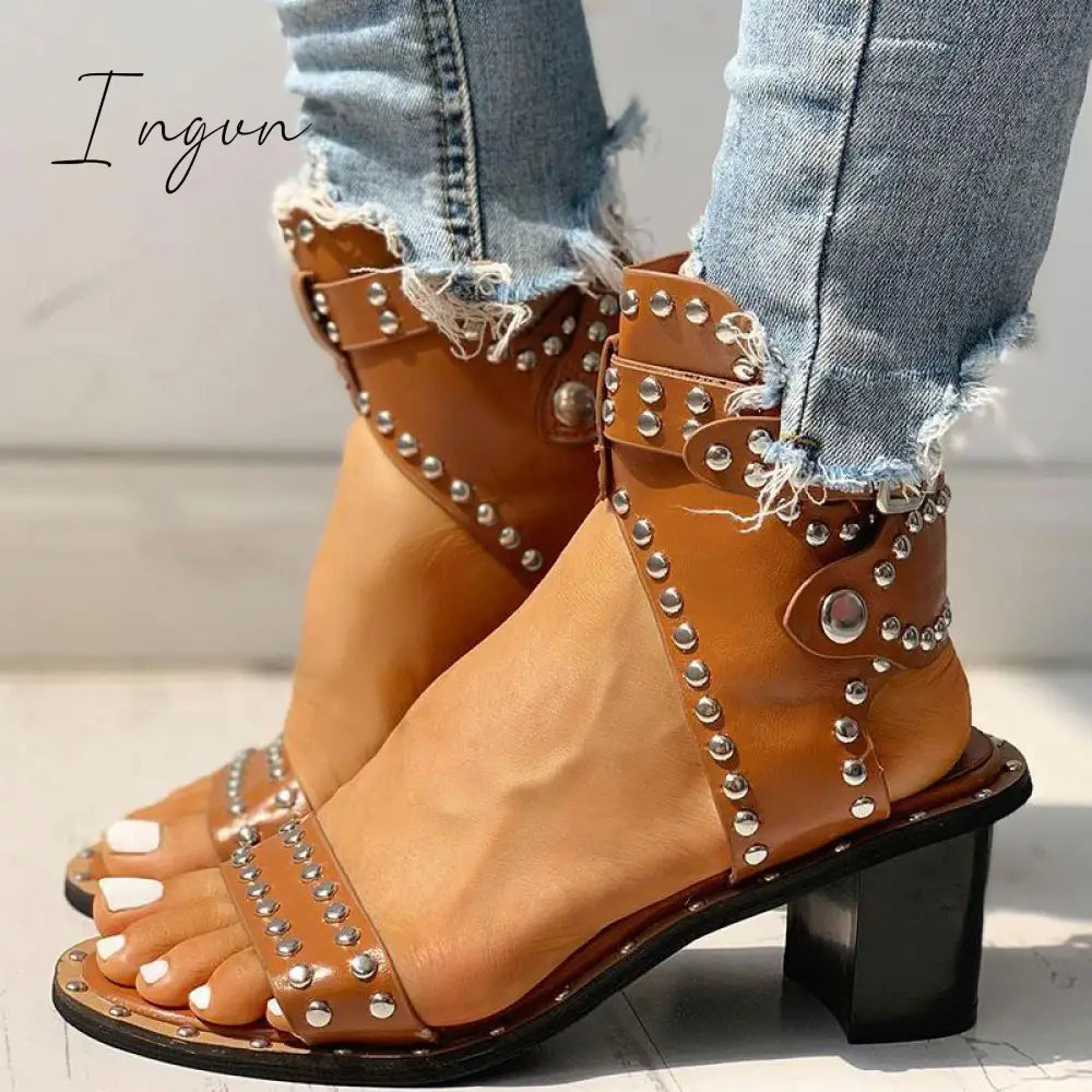 Ingvn - Open Toe Rivet Chunky Heeled Sandals For Women