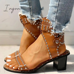 Ingvn - Open Toe Rivet Chunky Heeled Sandals For Women