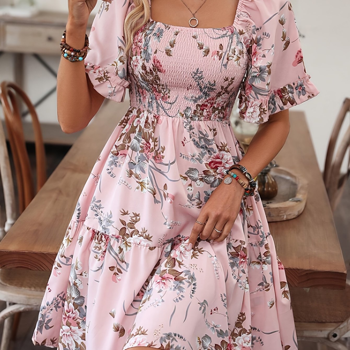 Charming Floral Print Dress with Adjustable Shirred Waist - Chic Short Sleeve Square Neck Design for Women - Perfect Casual Style