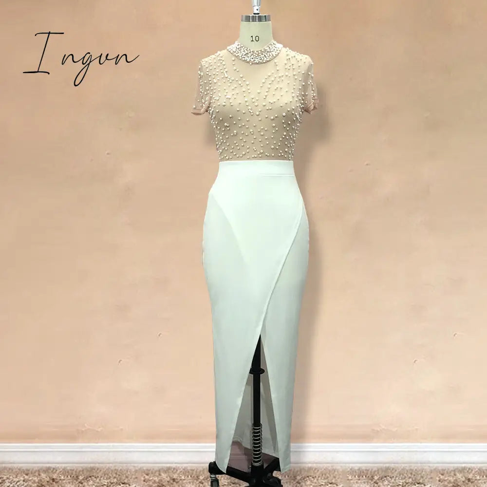 Ingvn - Women Sexy Dress Transparent Tulle with Bead Tops Patchwork Slit Party Dresses Short Sleeves Female Summer Night Date Out