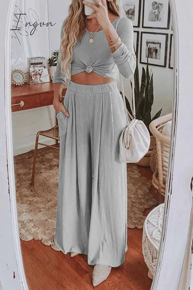 Ingvn - Round Neck Long Sleeves Wide Legs Two-Piece(4 Colors)