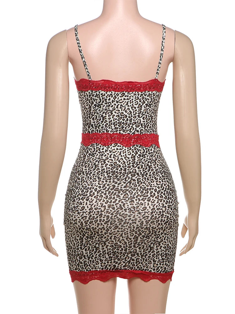Red Lace Patchwork Dress Women Leopard Print Sexy Backless Sleeveless Summer Trend Midnight Stretch Clubwear Bodycon