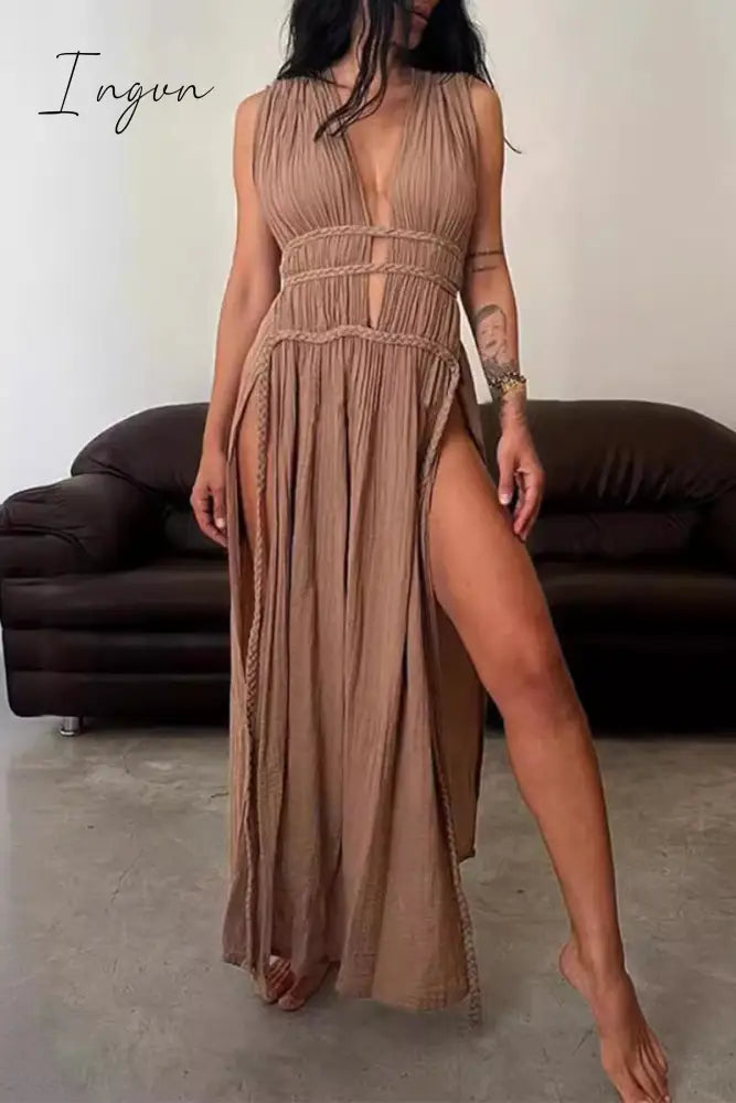 Ingvn - Sexy Bohemian Solid Slit V Neck Beach Dresses