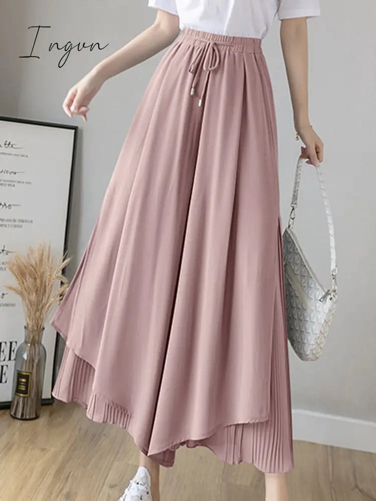 Ingvn - Elastic Wide Leg Pants Women Korean Fashion Chiffon Trousers Summer Casual Loose Pleated Pants Lady High Waist Street Skirt Pant