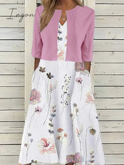 Ingvn - Women's Two Piece Dress Set Casual Dress Print Dress Outdoor Daily Fashion Elegant Pocket Print Midi Dress V Neck Half Sleeve Floral Regular Fit Pink Blue Purple Summer Spring S M L XL XXL