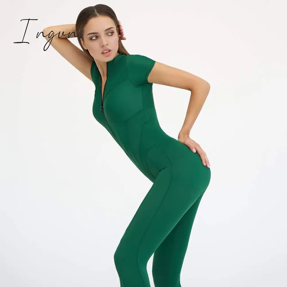 Ingvn - 2023 New Short Sleeve Playsuit Women Overalls Spring Striped Zipper Sporty Rompers Ladies Casual Bodycon Playsuits