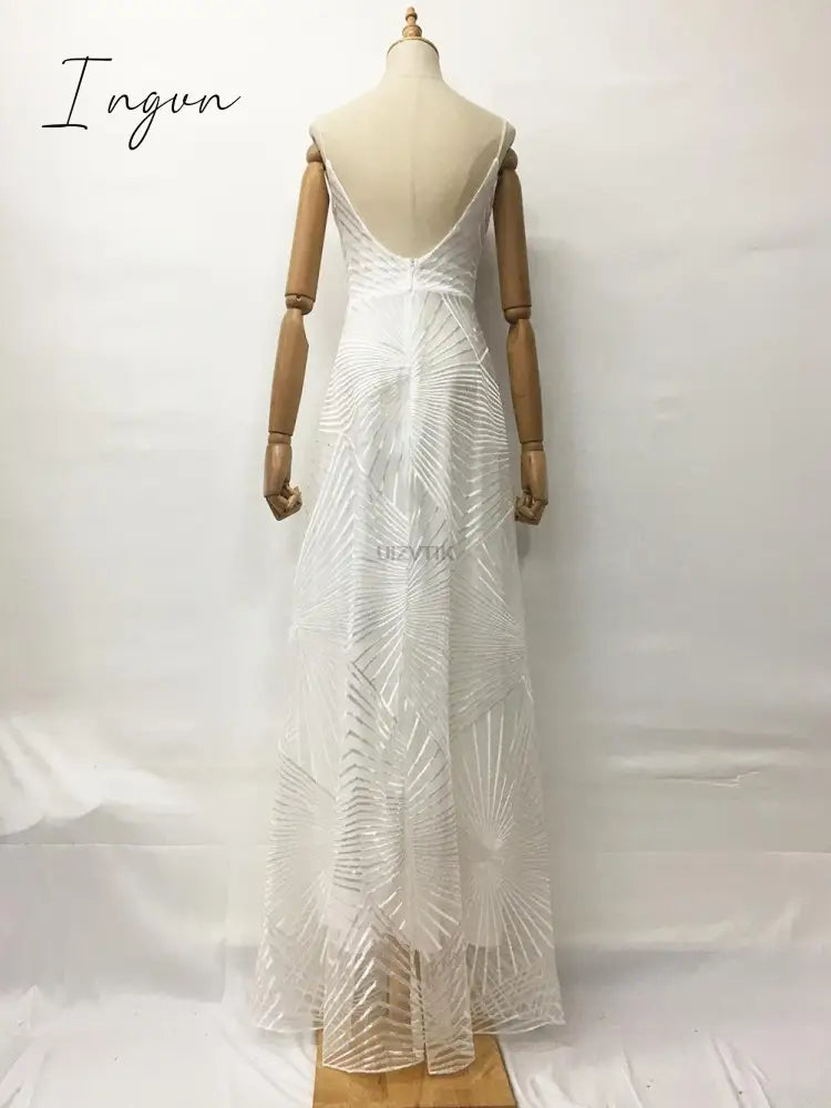 Ingvn - Sexy Slip Embroidered Maxi Dresses for Women Summer Elegant Luxury Evening Wedding Guest Formal Long Party Dress White