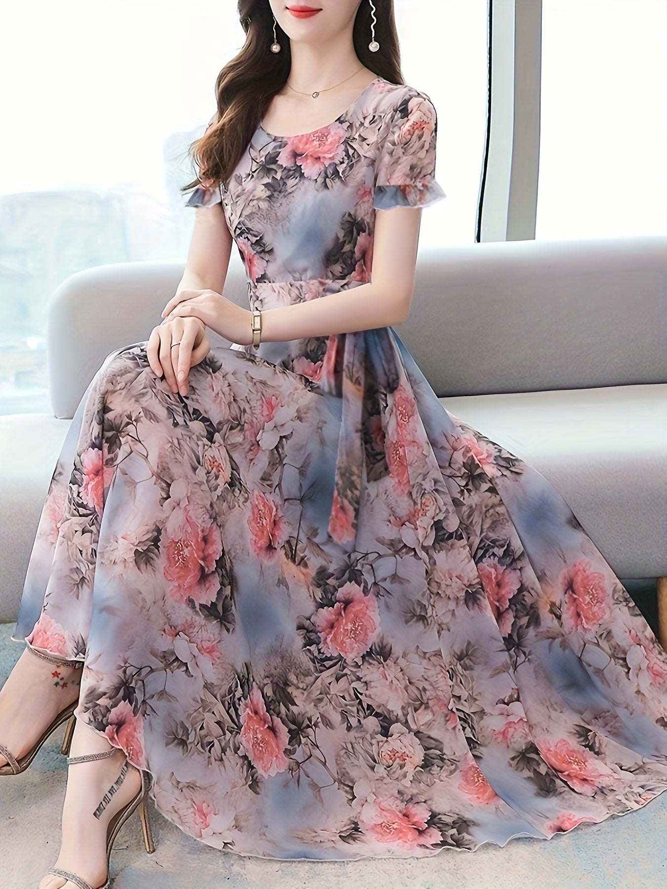 Vibrant Floral Print Crew Neck Dress - Elegant Short Sleeve, Comfortable, Breathable, Spring & Summer Essential - Women's Clothing for Chic, Elegant Dressing, Perfect for Outdoor Activities