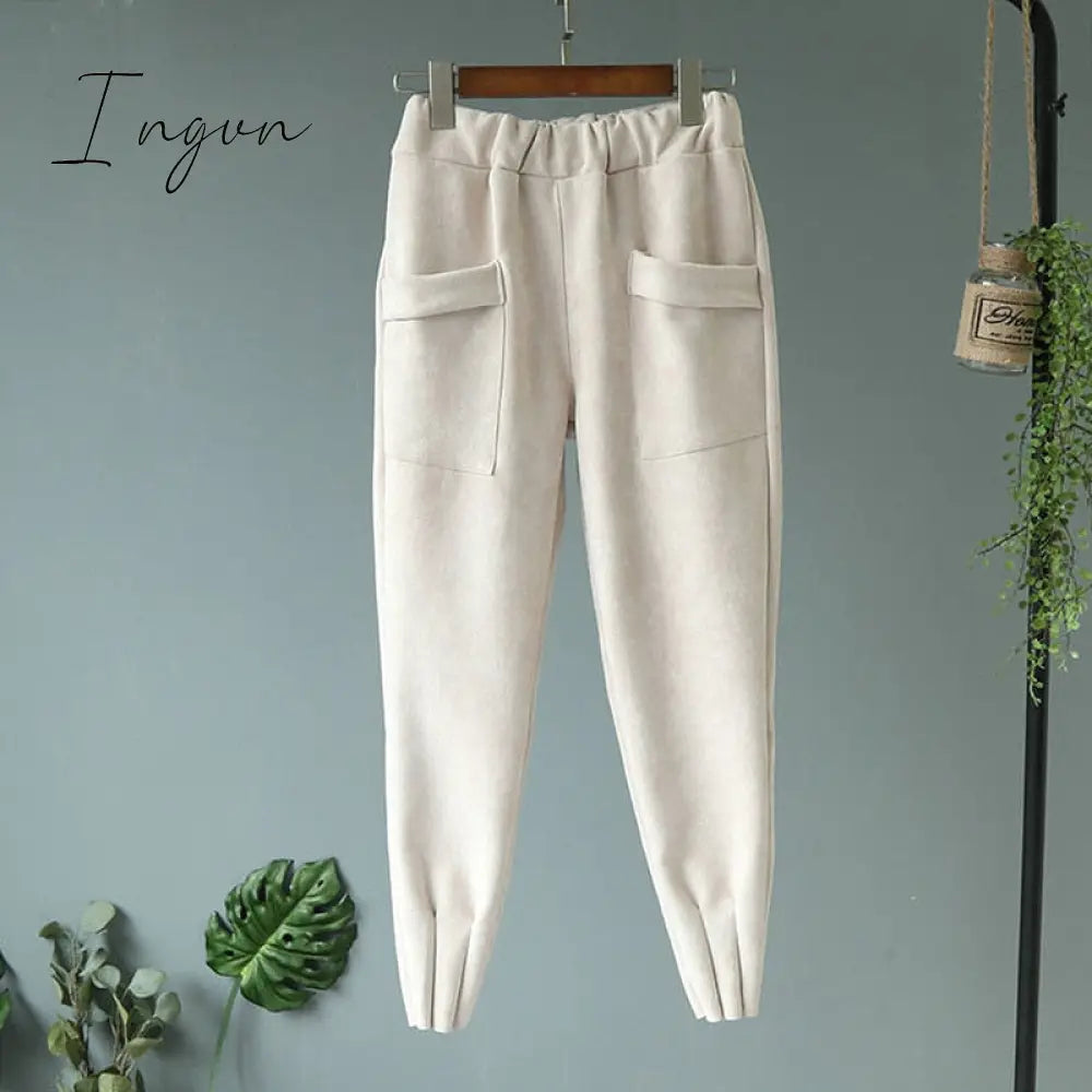 Ingvn - Casual Autumn Winter Women Pants Korean Elastic High Waist Pockets Suede Harem Pants Trousers Women Pantalon Femme